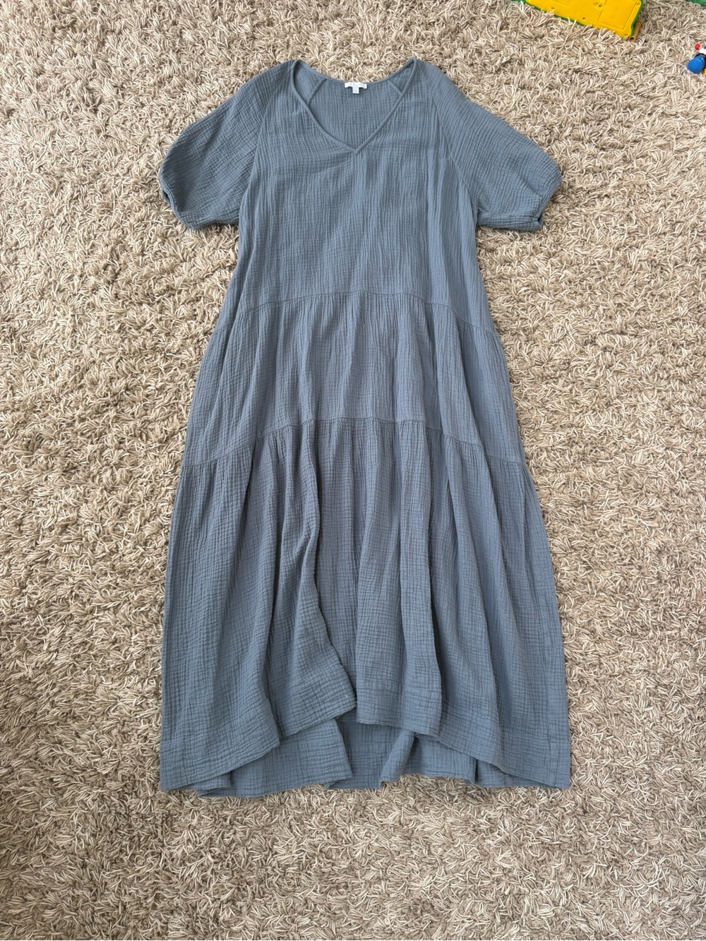 Relaxed Slate Blue V-Neck Tiered Maxi Dress